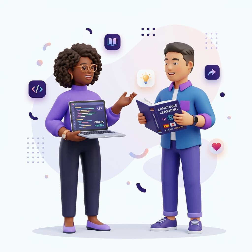 Two people trading coding skills for language lessons